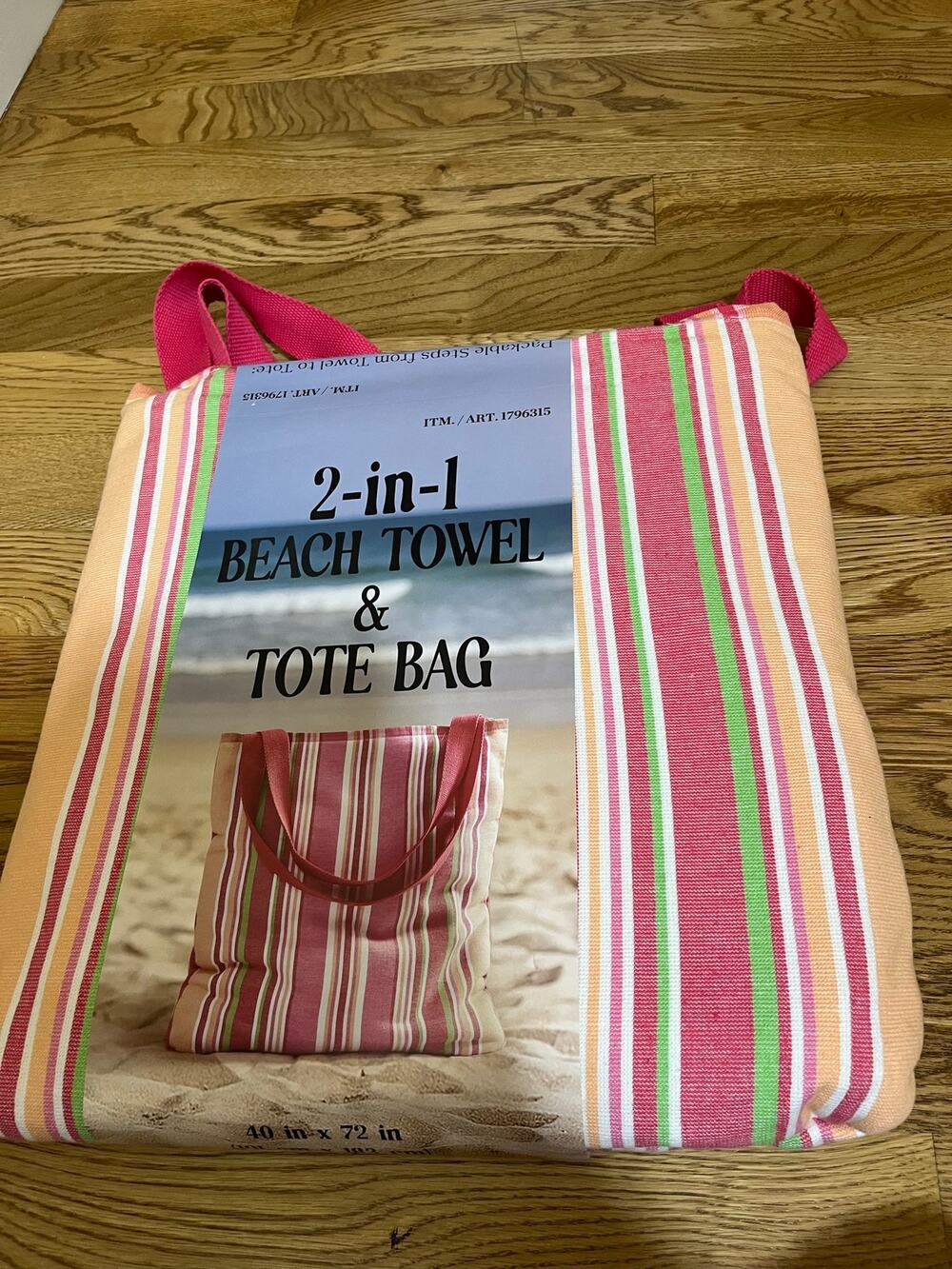 2-in-1 Beach Towel & Tote Bag, 100% Cotton, Striped, 40x72 Multicolor